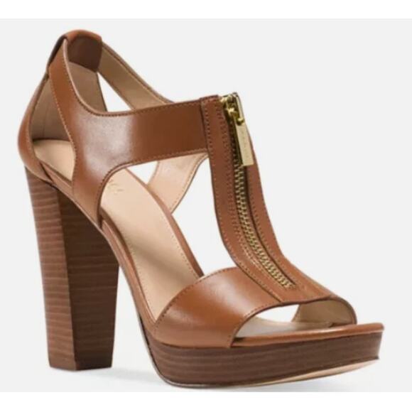 Michael Michael Kors Berkley T-Strap Sandals Heels Brown Leather Platform 10 - Picture 1 of 9